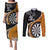 Personalised New Zealand Darts Couples Matching Puletasi and Long Sleeve Button Shirt Koru Tribal Tattoo and Silver Fern Maori Pattern Orange Color