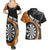 Personalised New Zealand Darts Couples Matching Summer Maxi Dress and Hawaiian Shirt Koru Tribal Tattoo and Silver Fern Maori Pattern Orange Color