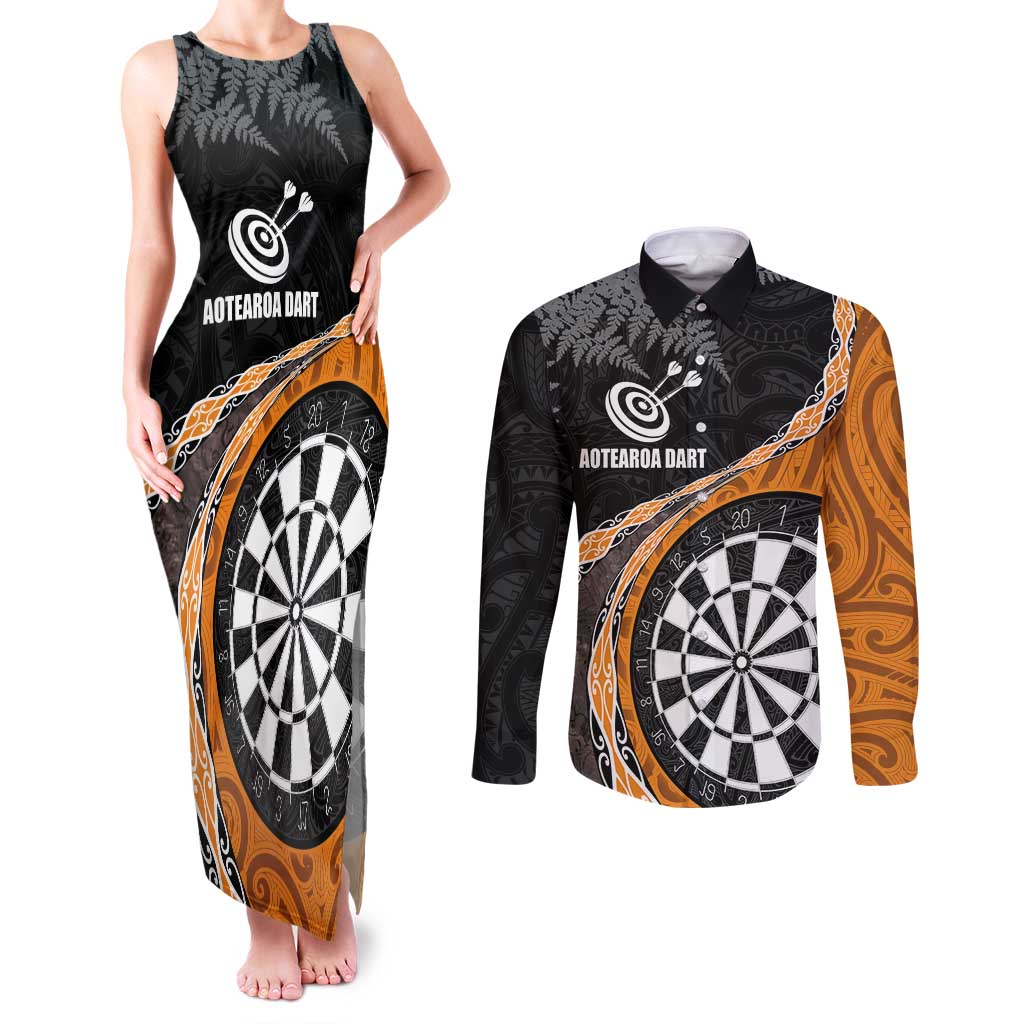 Personalised New Zealand Darts Couples Matching Tank Maxi Dress and Long Sleeve Button Shirt Koru Tribal Tattoo and Silver Fern Maori Pattern Orange Color