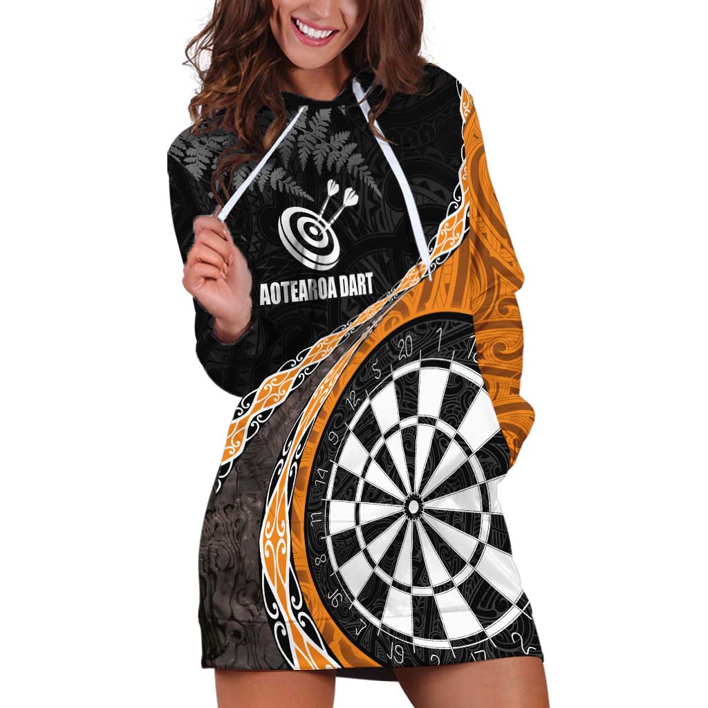 Personalised New Zealand Darts Hoodie Dress Koru Tribal Tattoo and Silver Fern Maori Pattern Orange Color