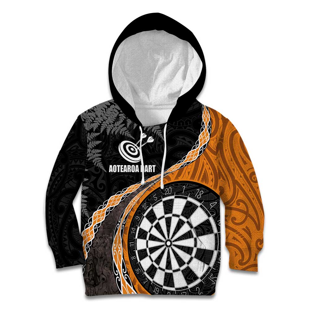 Personalised New Zealand Darts Kid Hoodie Koru Tribal Tattoo and Silver Fern Maori Pattern Orange Color