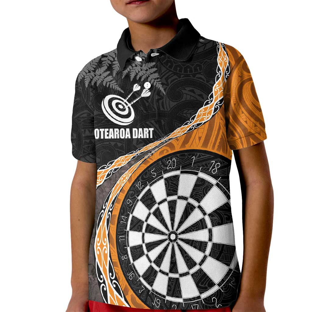 Personalised New Zealand Darts Kid Polo Shirt Koru Tribal Tattoo and Silver Fern Maori Pattern Orange Color