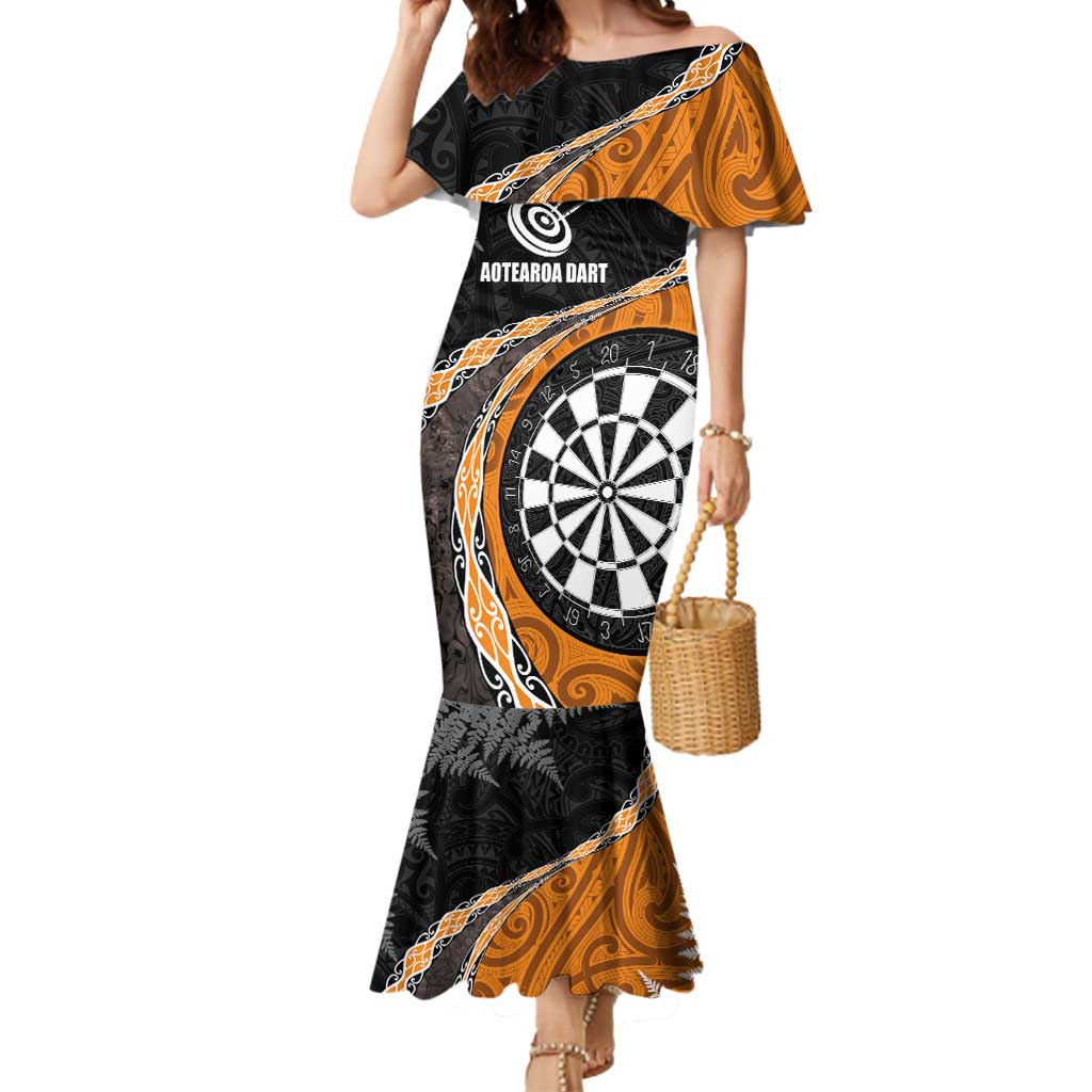 Personalised New Zealand Darts Mermaid Dress Koru Tribal Tattoo and Silver Fern Maori Pattern Orange Color