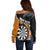 Personalised New Zealand Darts Off Shoulder Sweater Koru Tribal Tattoo and Silver Fern Maori Pattern Orange Color