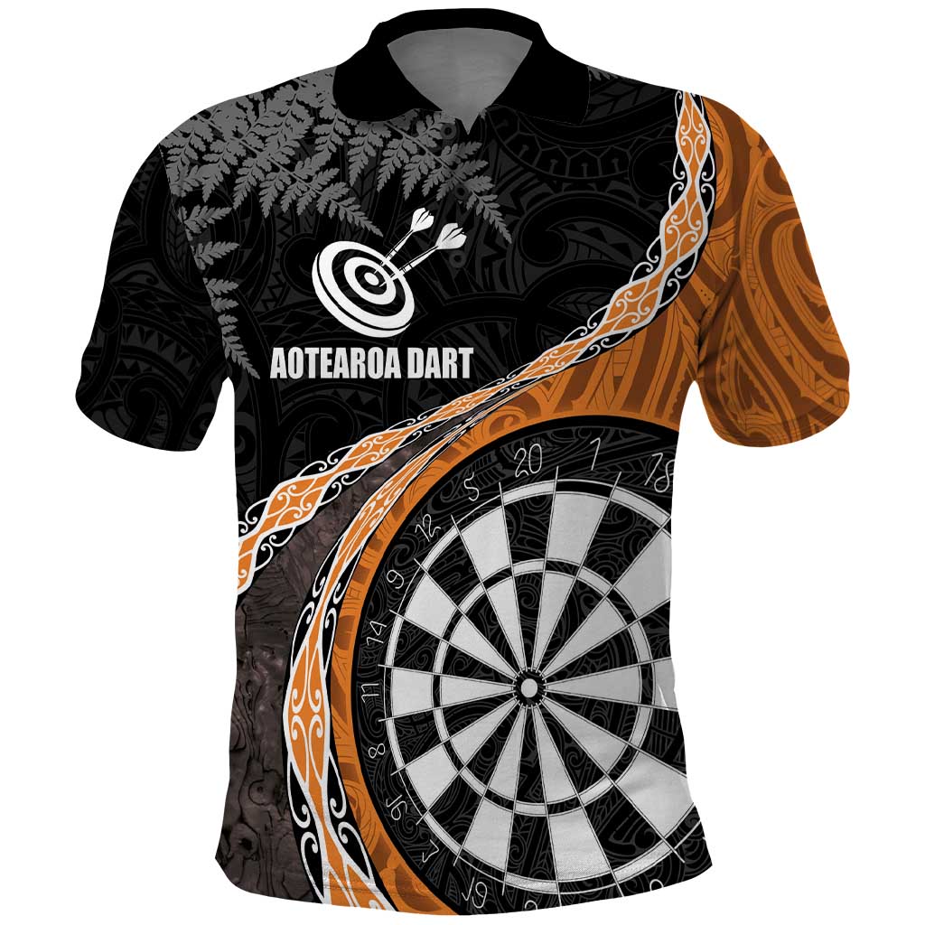 Personalised New Zealand Darts Polo Shirt Koru Tribal Tattoo and Silver Fern Maori Pattern Orange Color