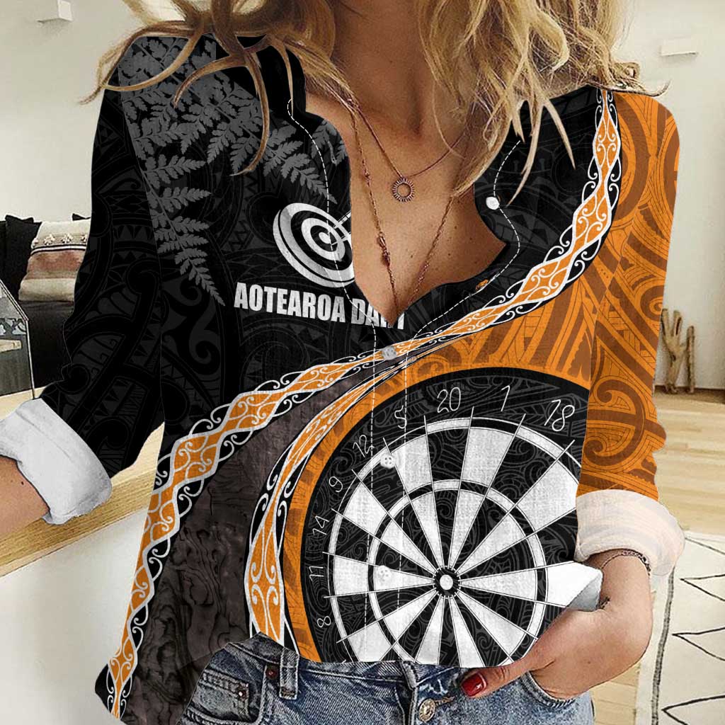 Personalised New Zealand Darts Women Casual Shirt Koru Tribal Tattoo and Silver Fern Maori Pattern Orange Color