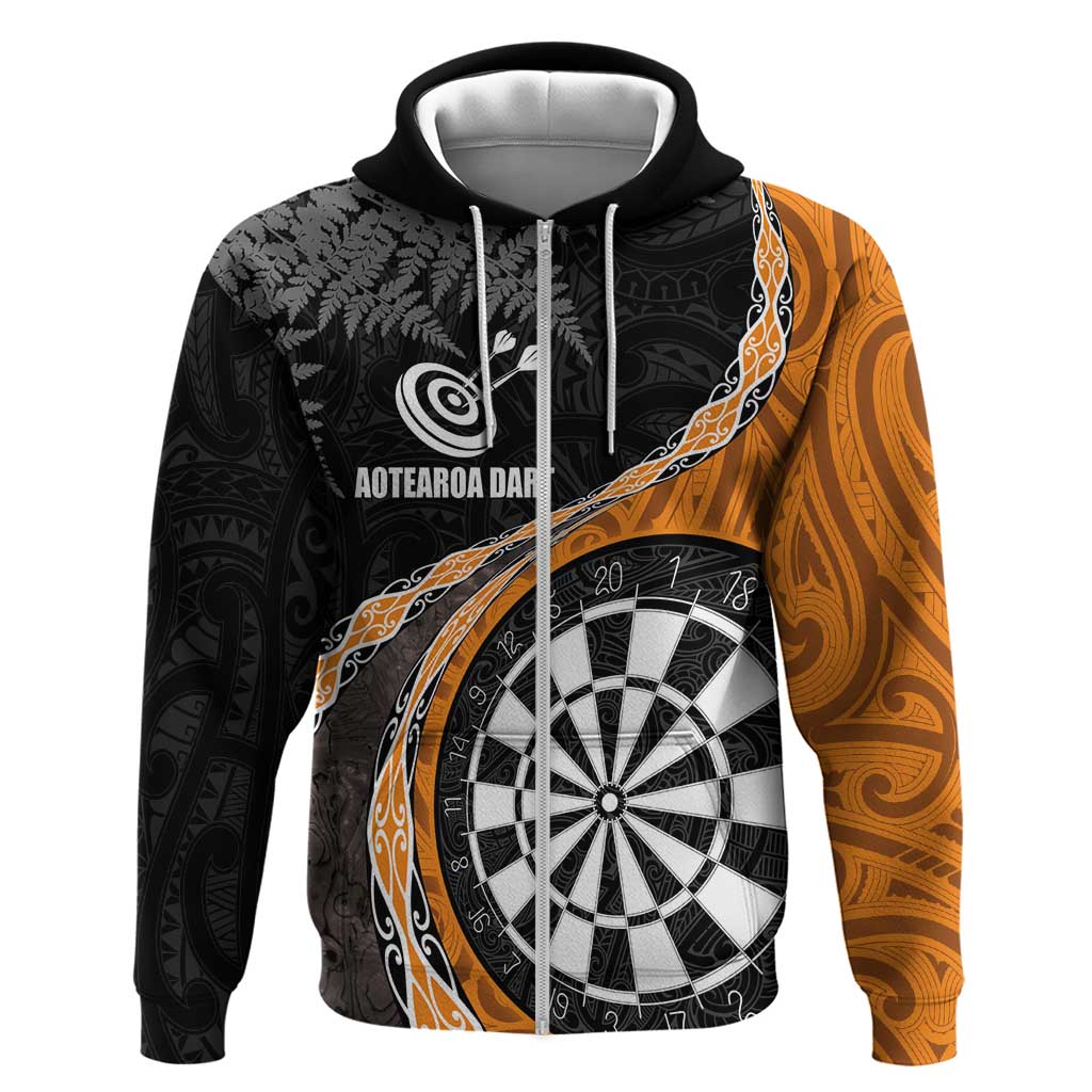 Personalised New Zealand Darts Zip Hoodie Koru Tribal Tattoo and Silver Fern Maori Pattern Orange Color