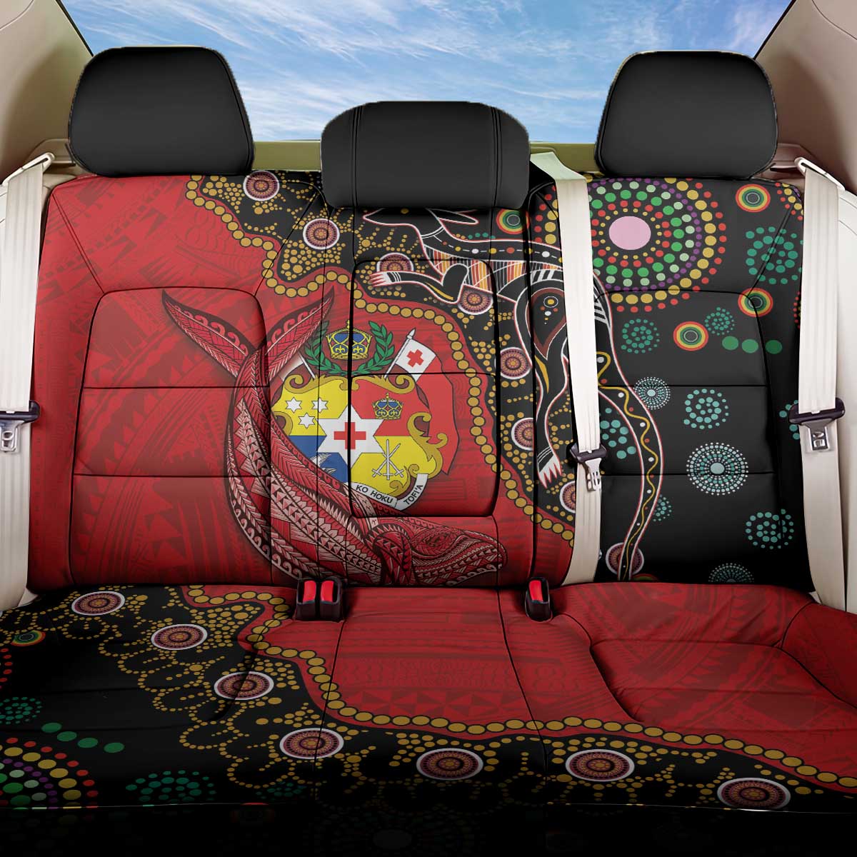 Tonga Ngatu and Australia Together Back Car Seat Cover Polynesian Humpback Whale and Aboriginal Kangaroo LT03 One Size Red - Polynesian Pride