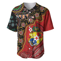 Tonga Ngatu and Australia Together Baseball Jersey Polynesian Humpback Whale and Aboriginal Kangaroo LT03 Red - Polynesian Pride
