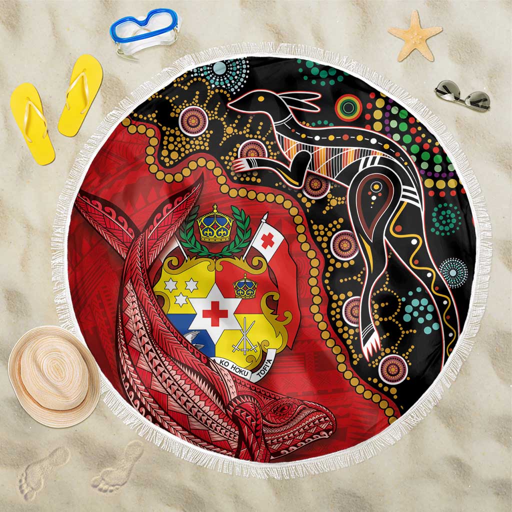 Tonga Ngatu and Australia Together Beach Blanket Polynesian Humpback Whale and Aboriginal Kangaroo LT03 One Size 150cm Red - Polynesian Pride