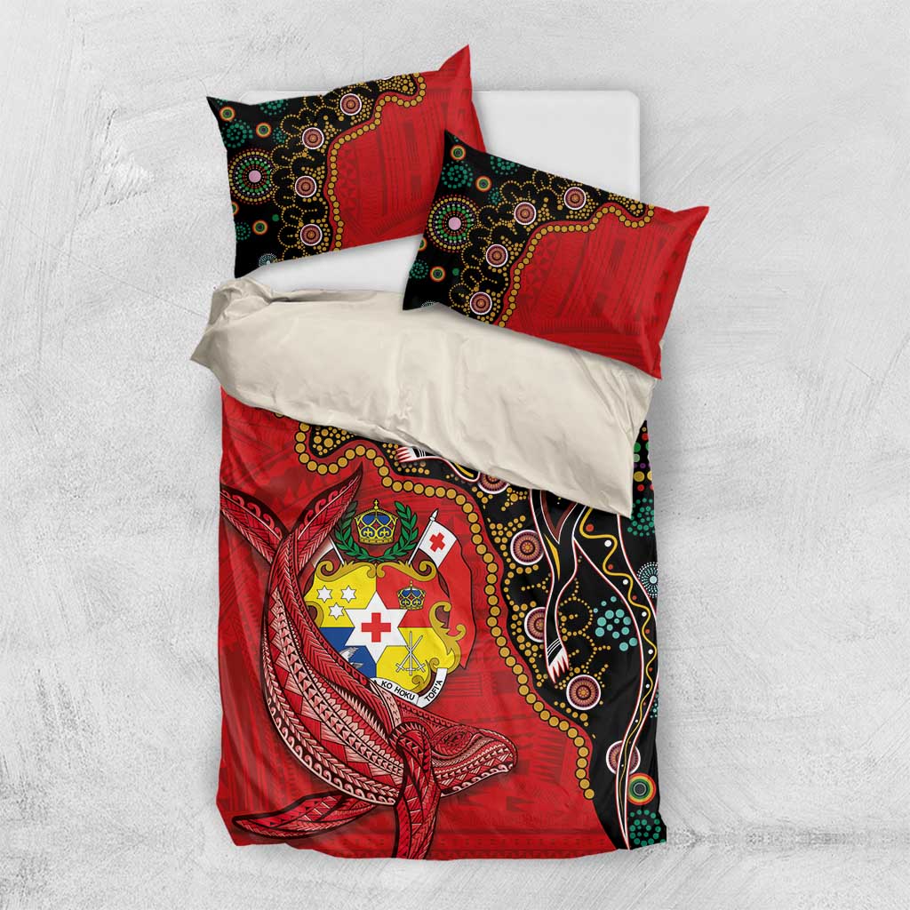 Tonga Ngatu and Australia Together Bedding Set Polynesian Humpback Whale and Aboriginal Kangaroo LT03 US Twin 172cm x 218cm Red - Polynesian Pride