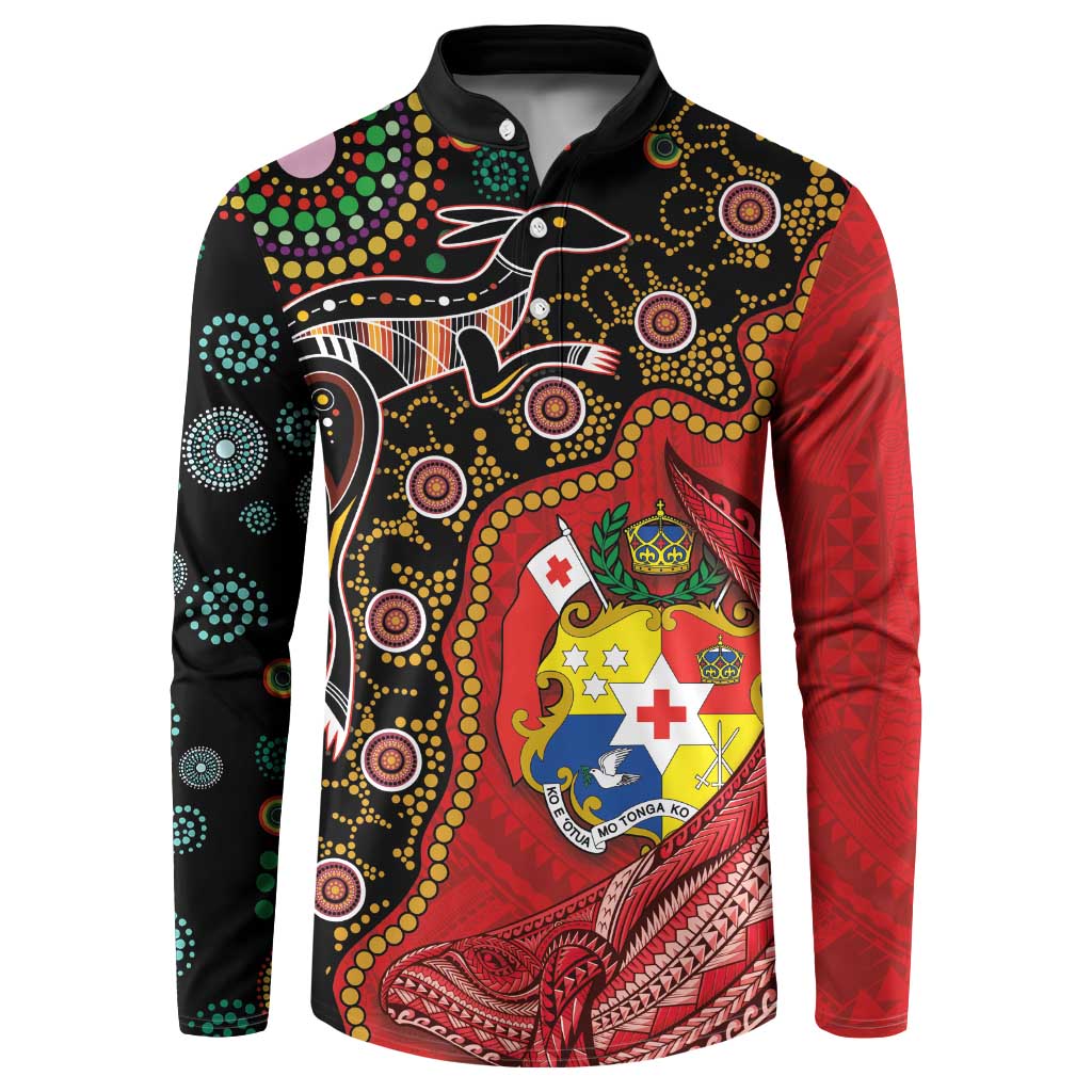 Tonga Ngatu and Australia Together Button Sweatshirt Polynesian Humpback Whale and Aboriginal Kangaroo LT03 Red - Polynesian Pride