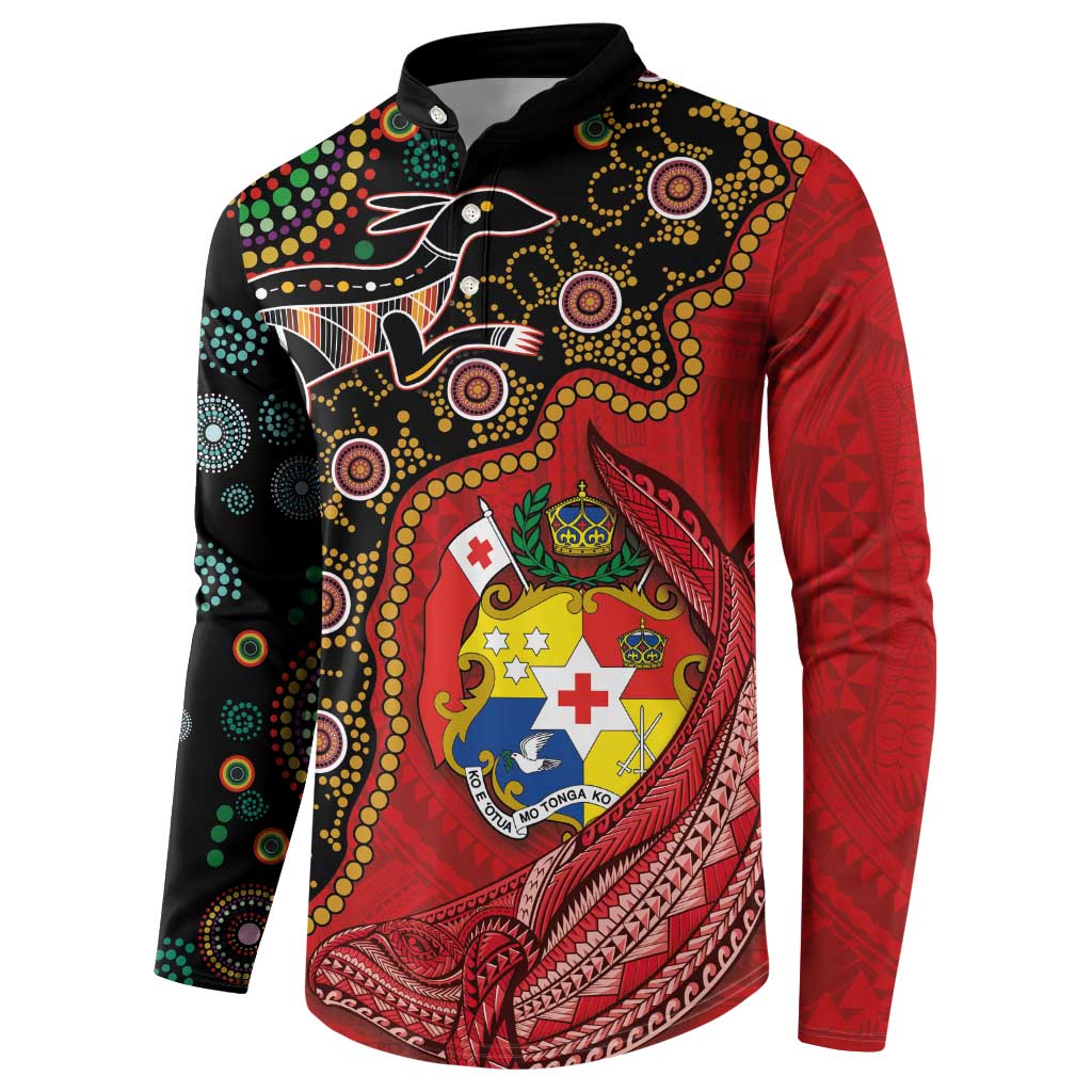Tonga Ngatu and Australia Together Button Sweatshirt Polynesian Humpback Whale and Aboriginal Kangaroo LT03 - Polynesian Pride