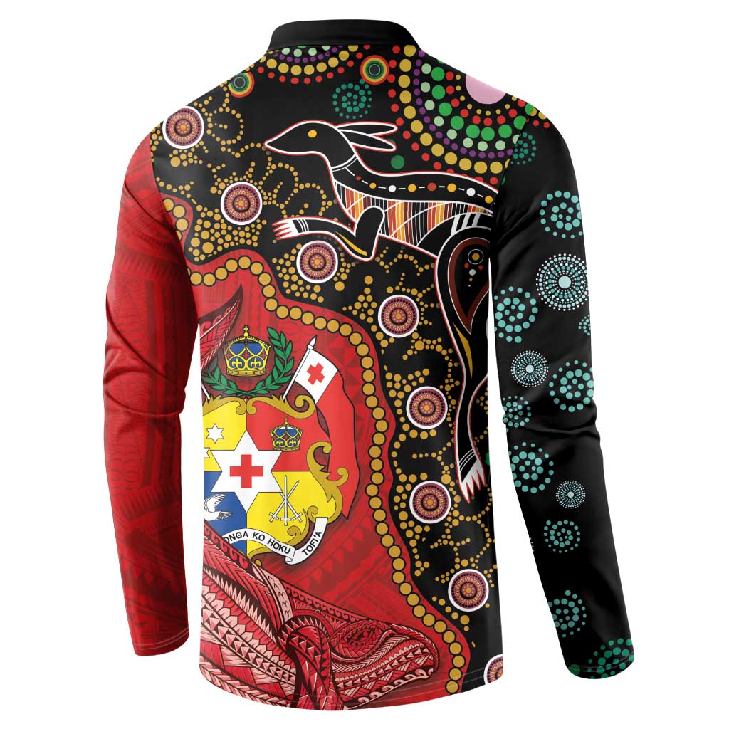 Tonga Ngatu and Australia Together Button Sweatshirt Polynesian Humpback Whale and Aboriginal Kangaroo LT03 - Polynesian Pride