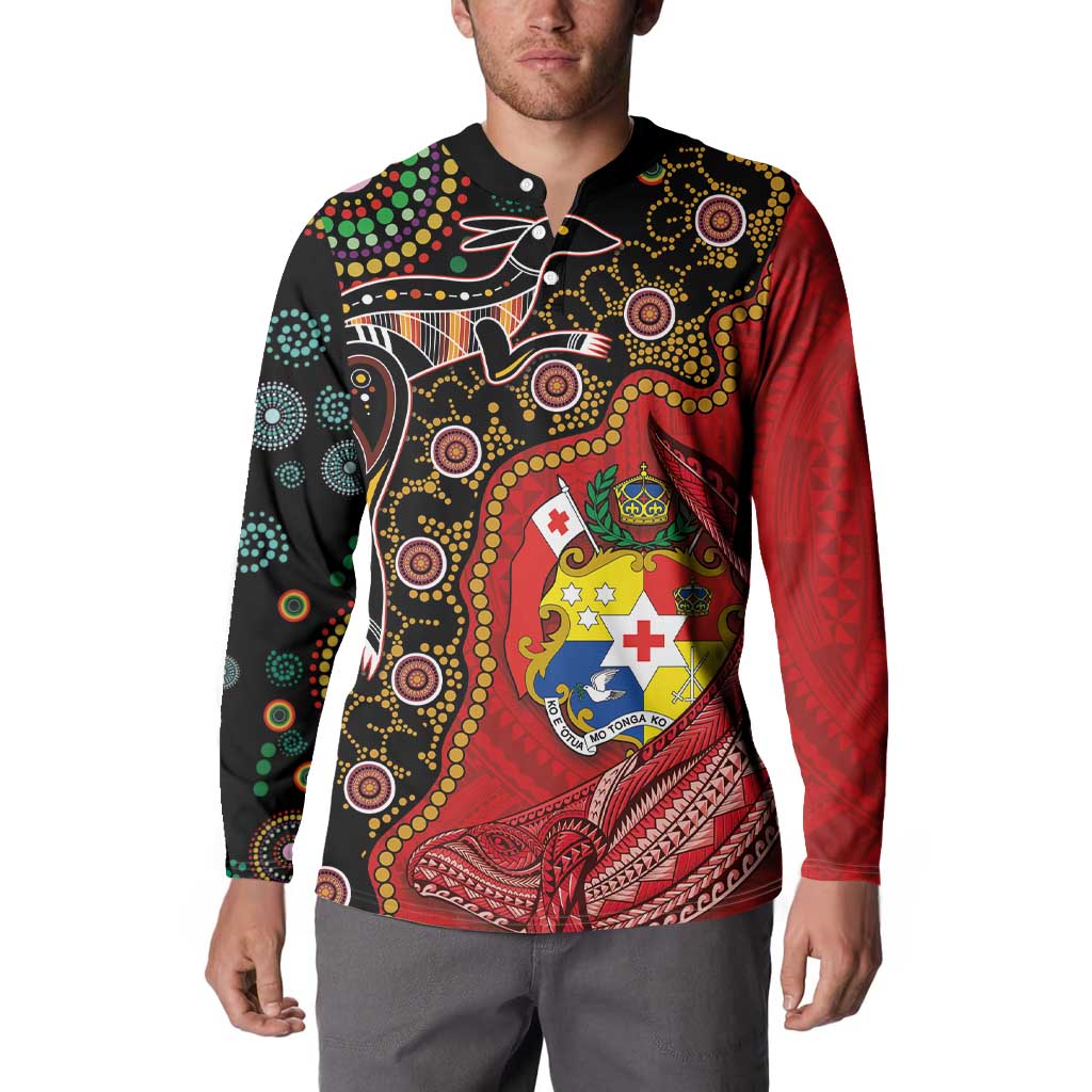 Tonga Ngatu and Australia Together Button Sweatshirt Polynesian Humpback Whale and Aboriginal Kangaroo LT03 - Polynesian Pride