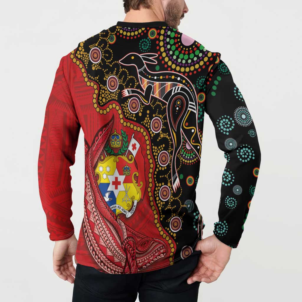 Tonga Ngatu and Australia Together Button Sweatshirt Polynesian Humpback Whale and Aboriginal Kangaroo LT03 - Polynesian Pride