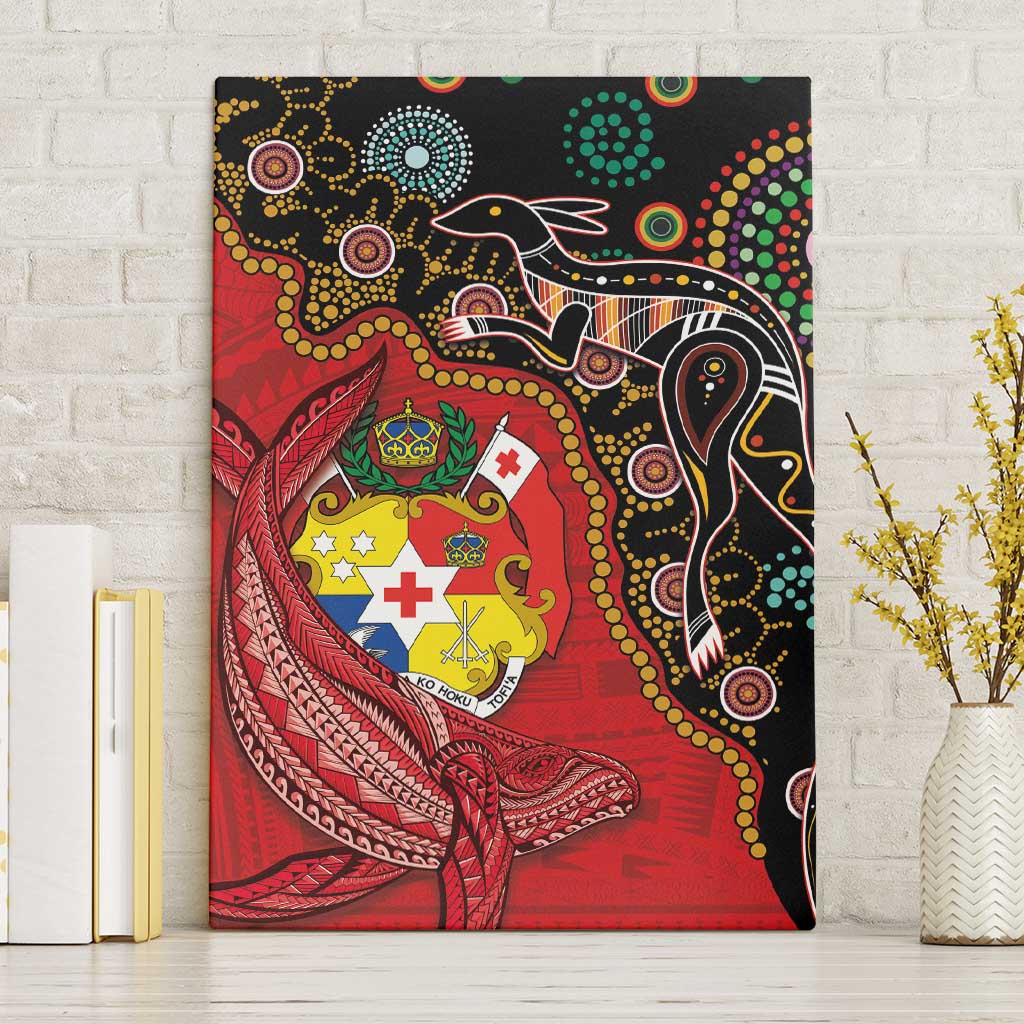 Tonga Ngatu and Australia Together Canvas Wall Art Polynesian Humpback Whale and Aboriginal Kangaroo LT03 Without Frame Red - Polynesian Pride