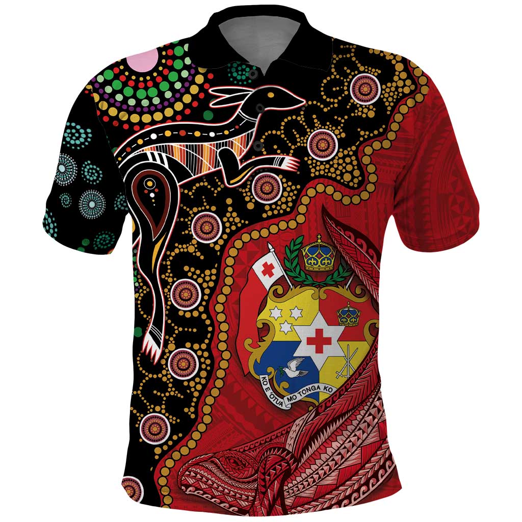 Tonga Ngatu and Australia Together Polo Shirt Polynesian Humpback Whale and Aboriginal Kangaroo LT03 Red - Polynesian Pride