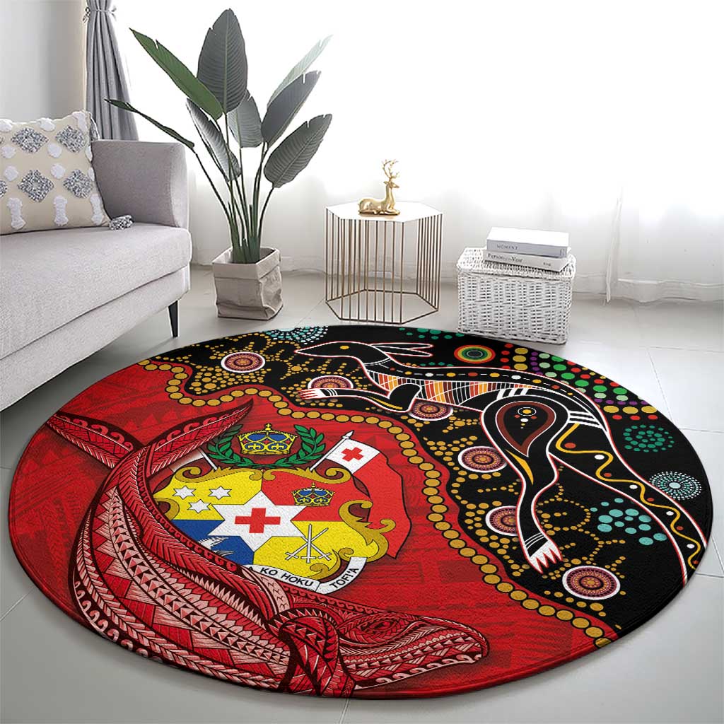 Tonga Ngatu and Australia Together Round Carpet Polynesian Humpback Whale and Aboriginal Kangaroo LT03 - Polynesian Pride