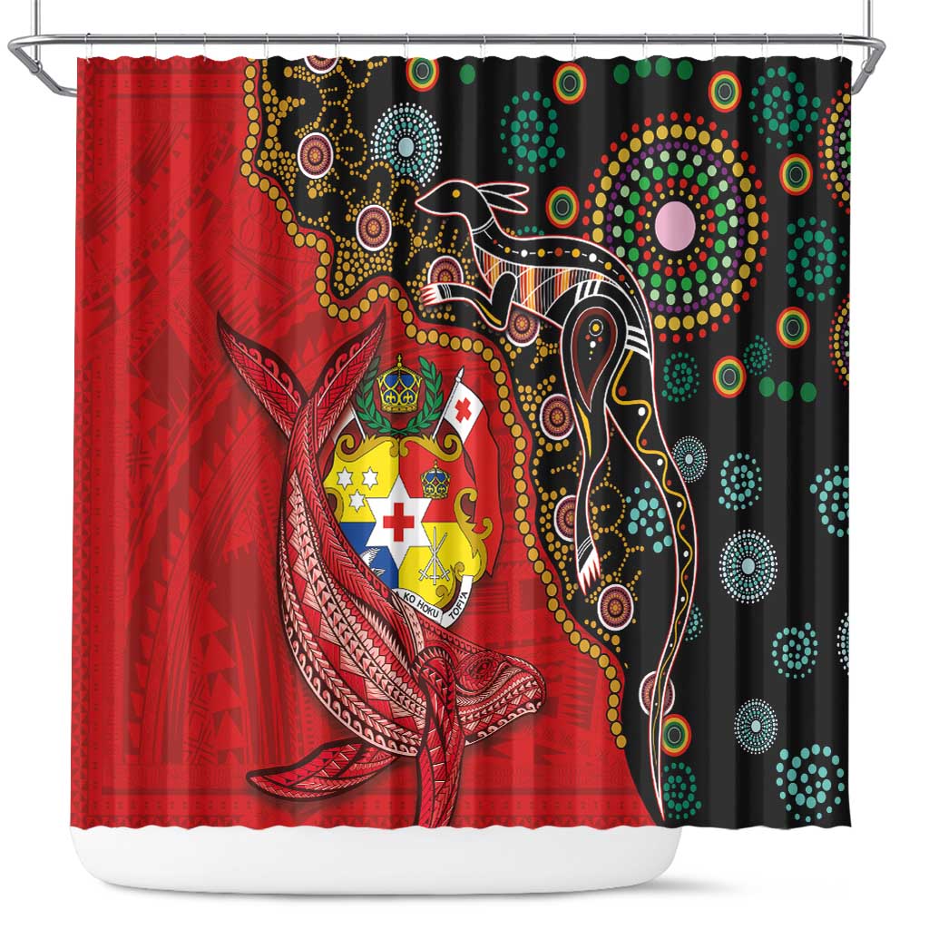 Tonga Ngatu and Australia Together Shower Curtain Polynesian Humpback Whale and Aboriginal Kangaroo LT03 Red - Polynesian Pride