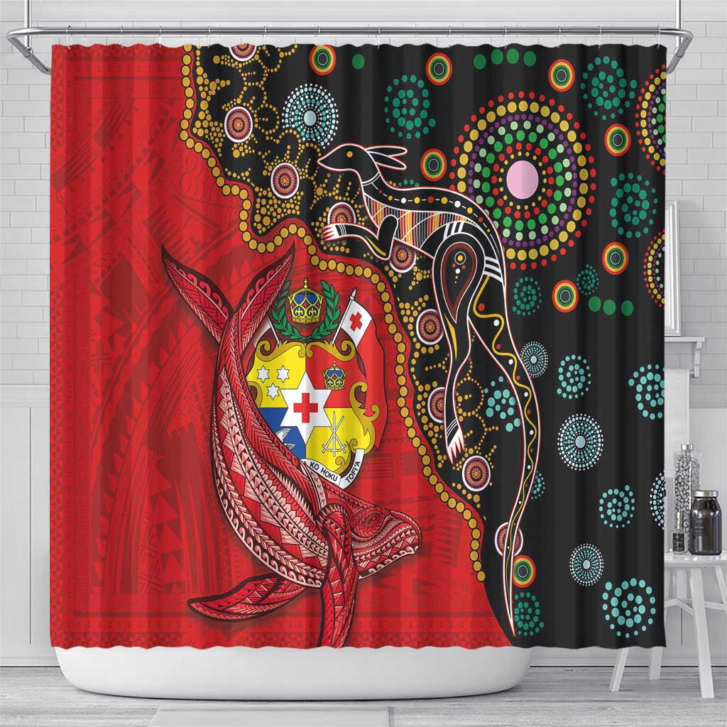 Tonga Ngatu and Australia Together Shower Curtain Polynesian Humpback Whale and Aboriginal Kangaroo LT03 - Polynesian Pride