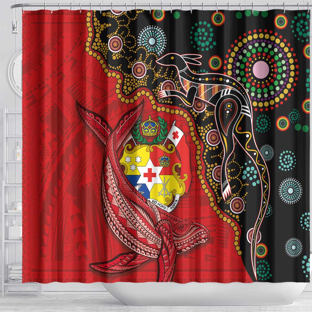 Tonga Ngatu and Australia Together Shower Curtain Polynesian Humpback Whale and Aboriginal Kangaroo LT03 - Polynesian Pride