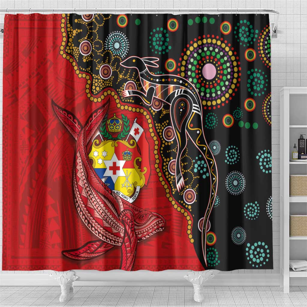 Tonga Ngatu and Australia Together Shower Curtain Polynesian Humpback Whale and Aboriginal Kangaroo LT03 - Polynesian Pride
