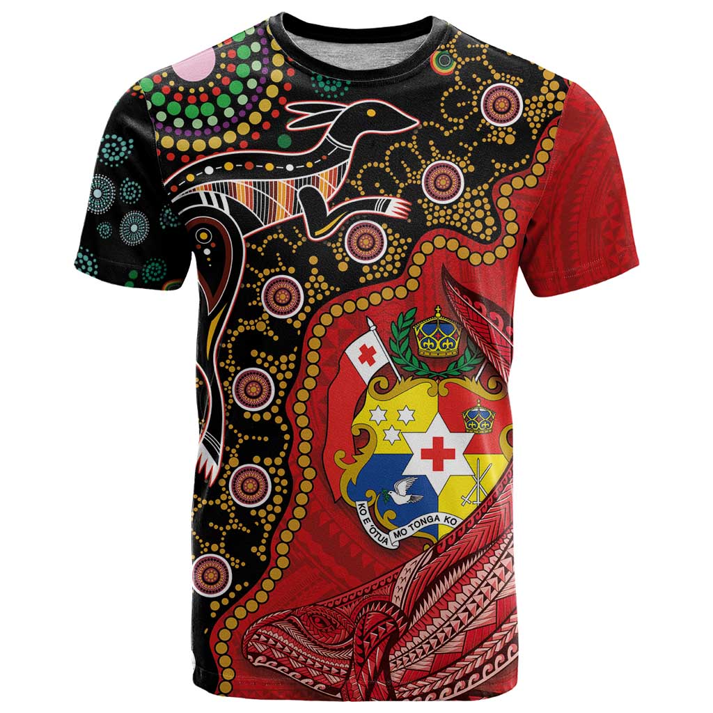 Tonga Ngatu and Australia Together T Shirt Polynesian Humpback Whale and Aboriginal Kangaroo LT03 Red - Polynesian Pride