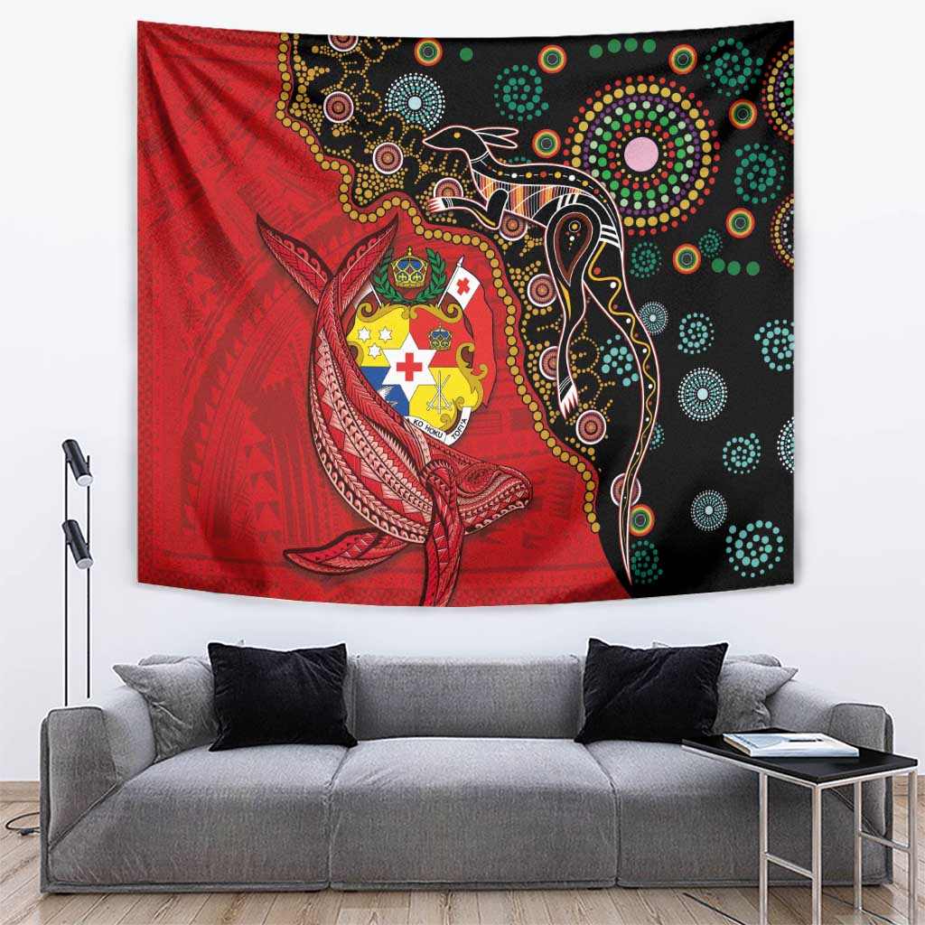 Tonga Ngatu and Australia Together Tapestry Polynesian Humpback Whale and Aboriginal Kangaroo LT03 Red - Polynesian Pride