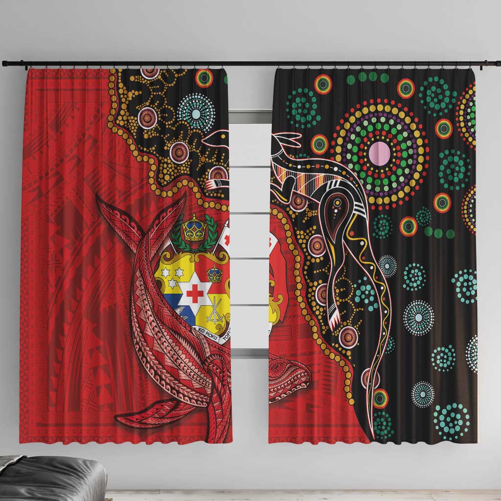 Tonga Ngatu and Australia Together Window Curtain Polynesian Humpback Whale and Aboriginal Kangaroo LT03 With Hooks Red - Polynesian Pride