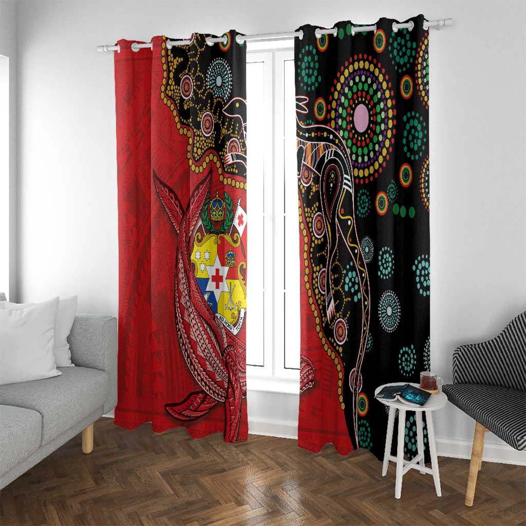Tonga Ngatu and Australia Together Window Curtain Polynesian Humpback Whale and Aboriginal Kangaroo LT03 With Grommets Red - Polynesian Pride