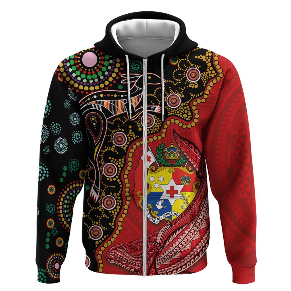 Tonga Ngatu and Australia Together Zip Hoodie Polynesian Humpback Whale and Aboriginal Kangaroo LT03 Zip Hoodie Red - Polynesian Pride