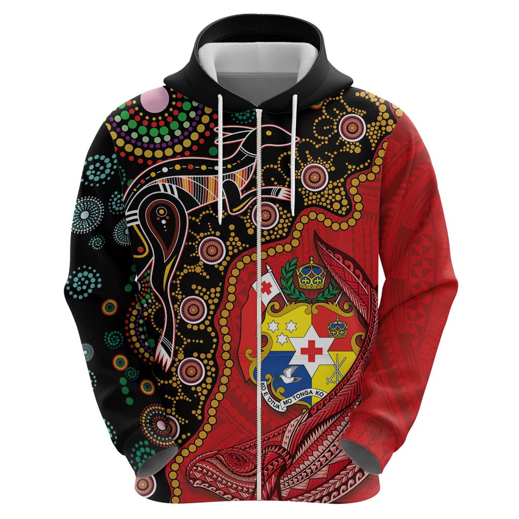 Tonga Ngatu and Australia Together Zip Hoodie Polynesian Humpback Whale and Aboriginal Kangaroo LT03 - Polynesian Pride