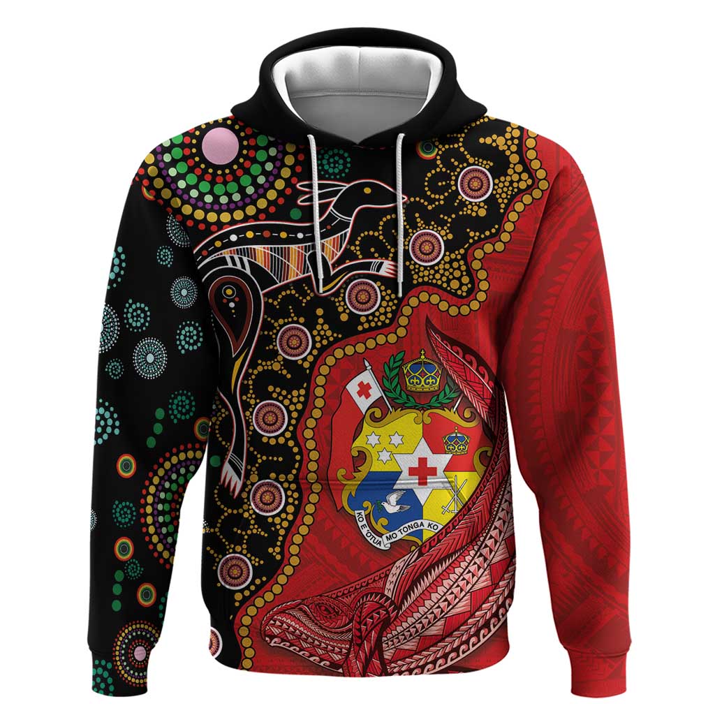 Tonga Ngatu and Australia Together Zip Hoodie Polynesian Humpback Whale and Aboriginal Kangaroo LT03 Pullover Hoodie Red - Polynesian Pride
