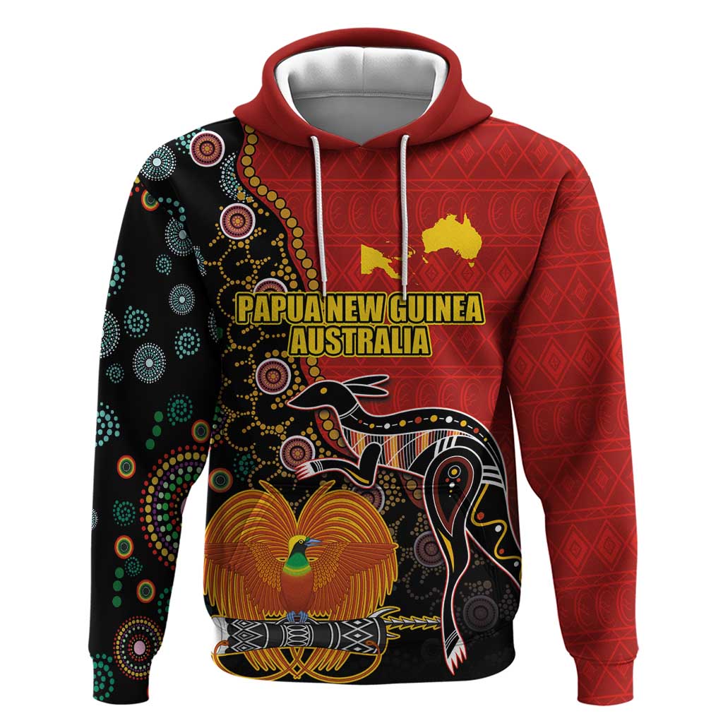 Personalised Papua New Guinea and Australia Together Hoodie Bird-of-paradise and Kangaroo with Aboriginal Pattern LT03 Pullover Hoodie Red - Polynesian Pride