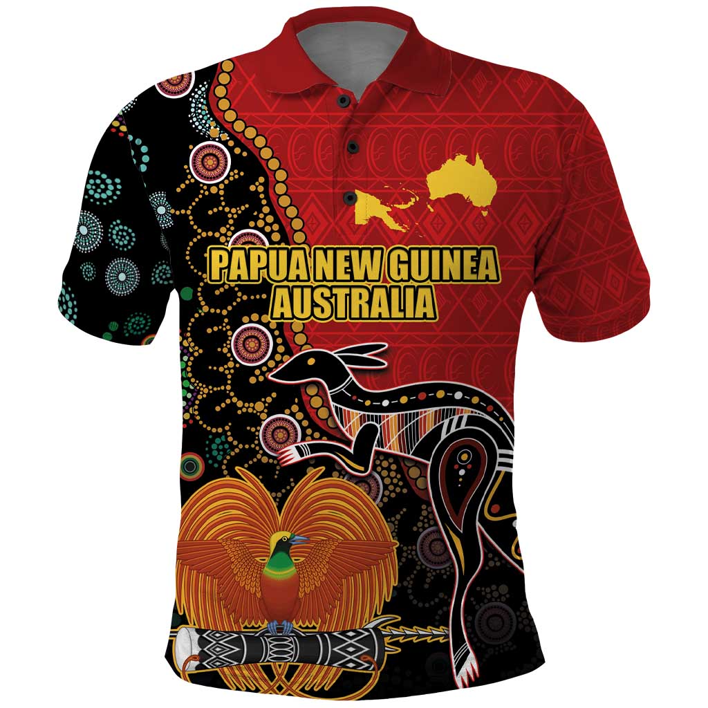 Personalised Papua New Guinea and Australia Together Polo Shirt Bird-of-paradise and Kangaroo with Aboriginal Pattern