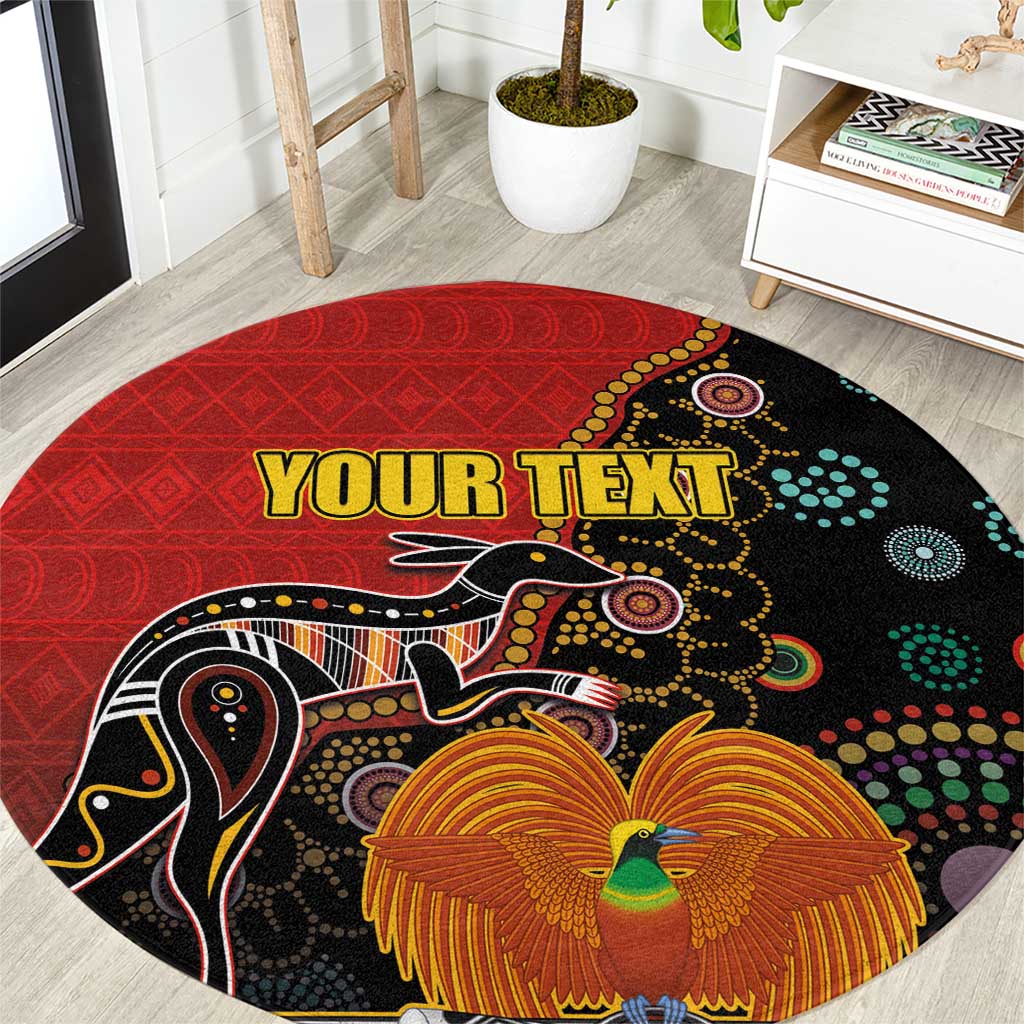 Personalised Papua New Guinea and Australia Together Round Carpet Bird-of-paradise and Kangaroo with Aboriginal Pattern LT03 Red - Polynesian Pride
