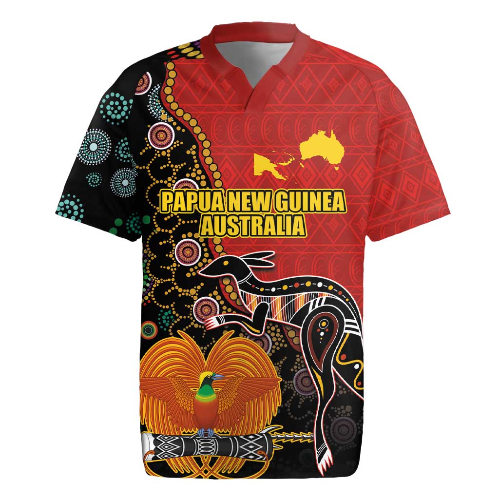 Personalised Papua New Guinea and Australia Together Rugby Jersey Bird-of-paradise and Kangaroo with Aboriginal Pattern LT03 Red - Polynesian Pride
