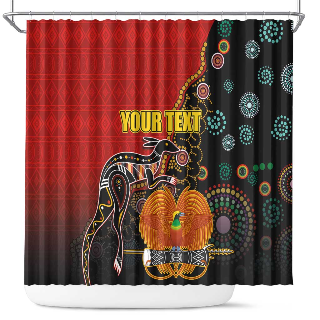 Personalised Papua New Guinea and Australia Together Shower Curtain Bird-of-paradise and Kangaroo with Aboriginal Pattern LT03 Red - Polynesian Pride