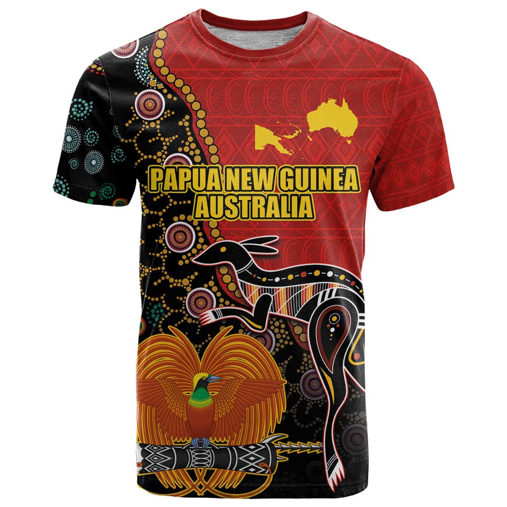 Personalised Papua New Guinea and Australia Together T Shirt Bird-of-paradise and Kangaroo with Aboriginal Pattern LT03 Red - Polynesian Pride