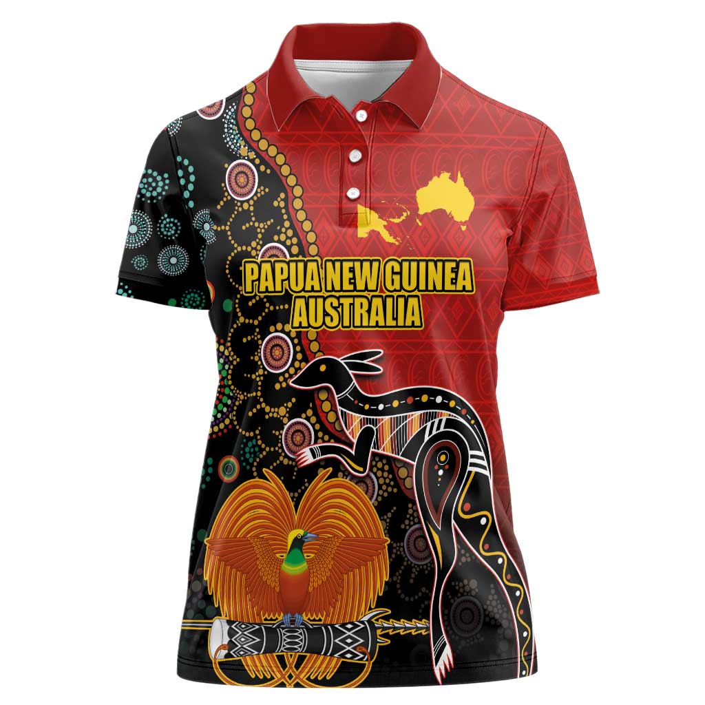 Personalised Papua New Guinea and Australia Together Women Polo Shirt Bird-of-paradise and Kangaroo with Aboriginal Pattern