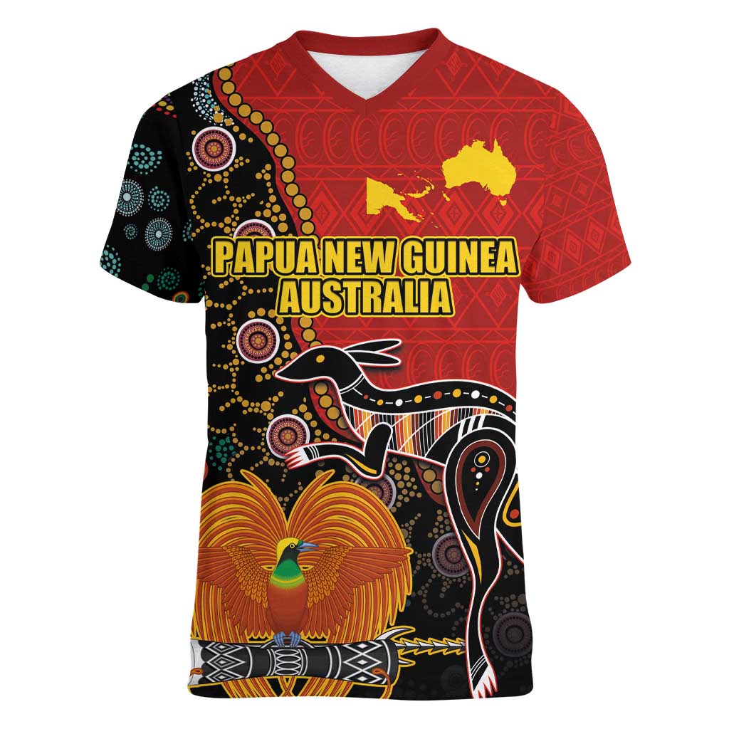 Personalised Papua New Guinea and Australia Together Women V-Neck T-Shirt Bird-of-paradise and Kangaroo with Aboriginal Pattern