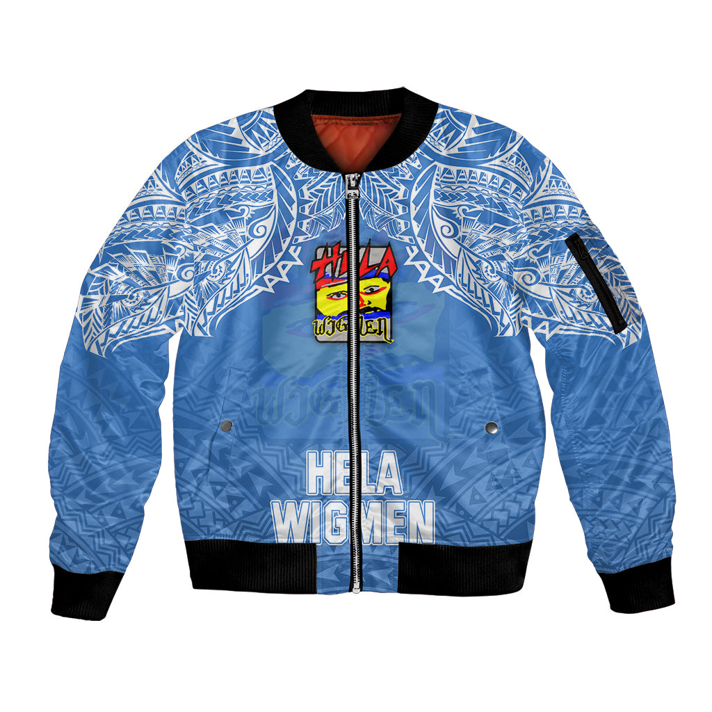 Custom Hela Wigmen Rugby Sleeve Zip Bomber Jacket Papua New Guinea Polynesian Tattoo LT03 Unisex Blue - Polynesian Pride