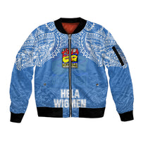 Custom Hela Wigmen Rugby Sleeve Zip Bomber Jacket Papua New Guinea Polynesian Tattoo LT03 Unisex Blue - Polynesian Pride