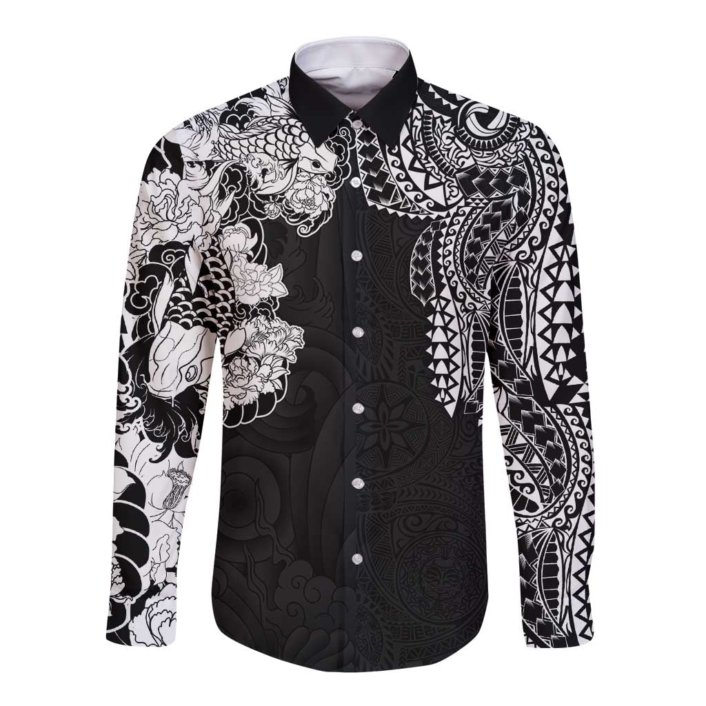 Japanese Irezumi and Hawaiian Polynesian Art Tattoo Long Sleeve Button Shirt Black Color LT03 Unisex Black - Polynesian Pride