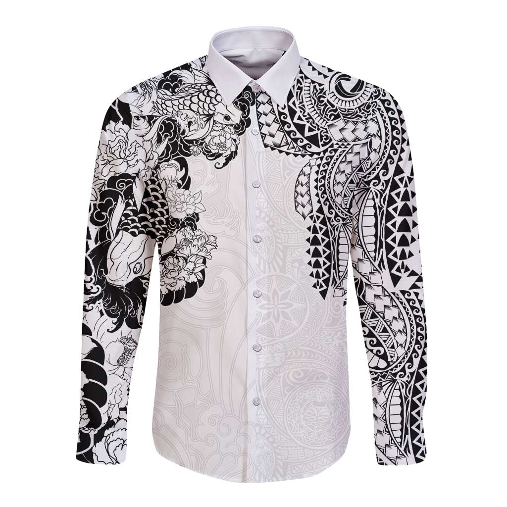 Japanese Irezumi and Hawaiian Polynesian Art Tattoo Long Sleeve Button Shirt White Color LT03 Unisex White - Polynesian Pride