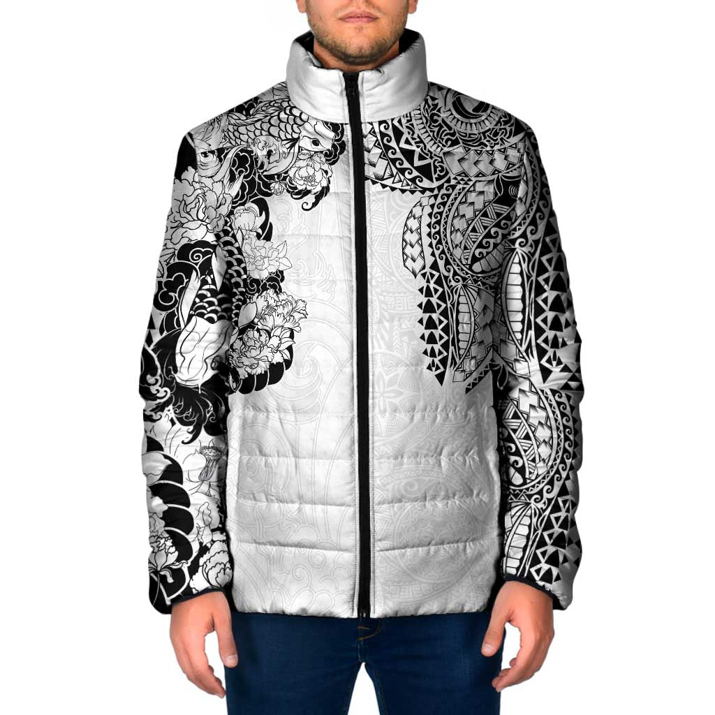 Japanese Irezumi and Hawaiian Polynesian Art Tattoo Padded Jacket White Color LT03 Men White - Polynesian Pride