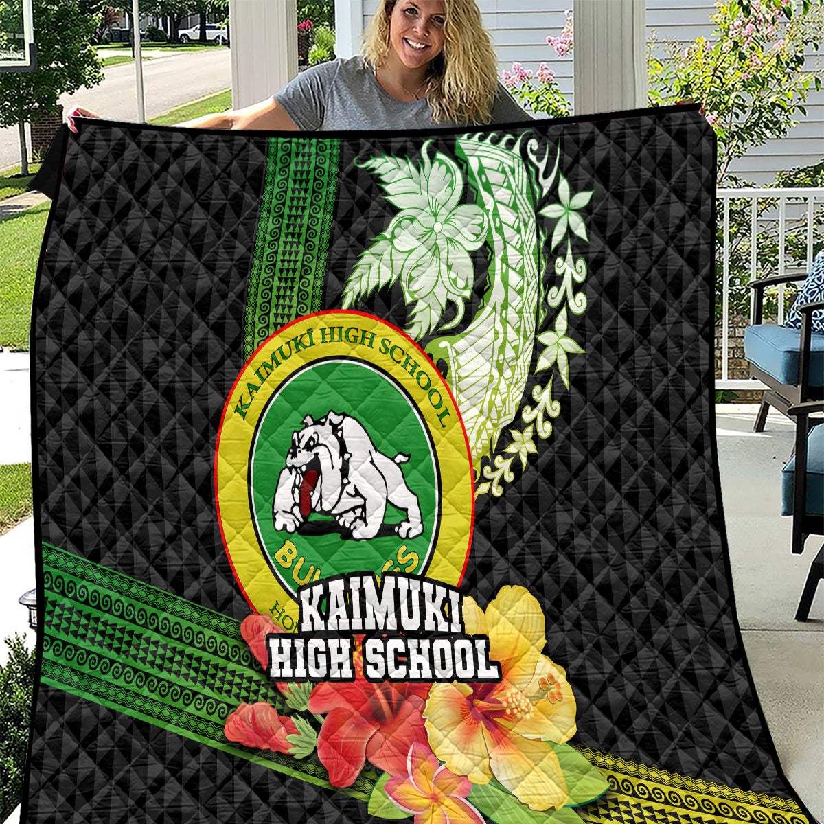 Hawaii Kaimuki High School Quilt Tribal Kakau Pattern Mix Hibiscus Flower LT03 Black - Polynesian Pride