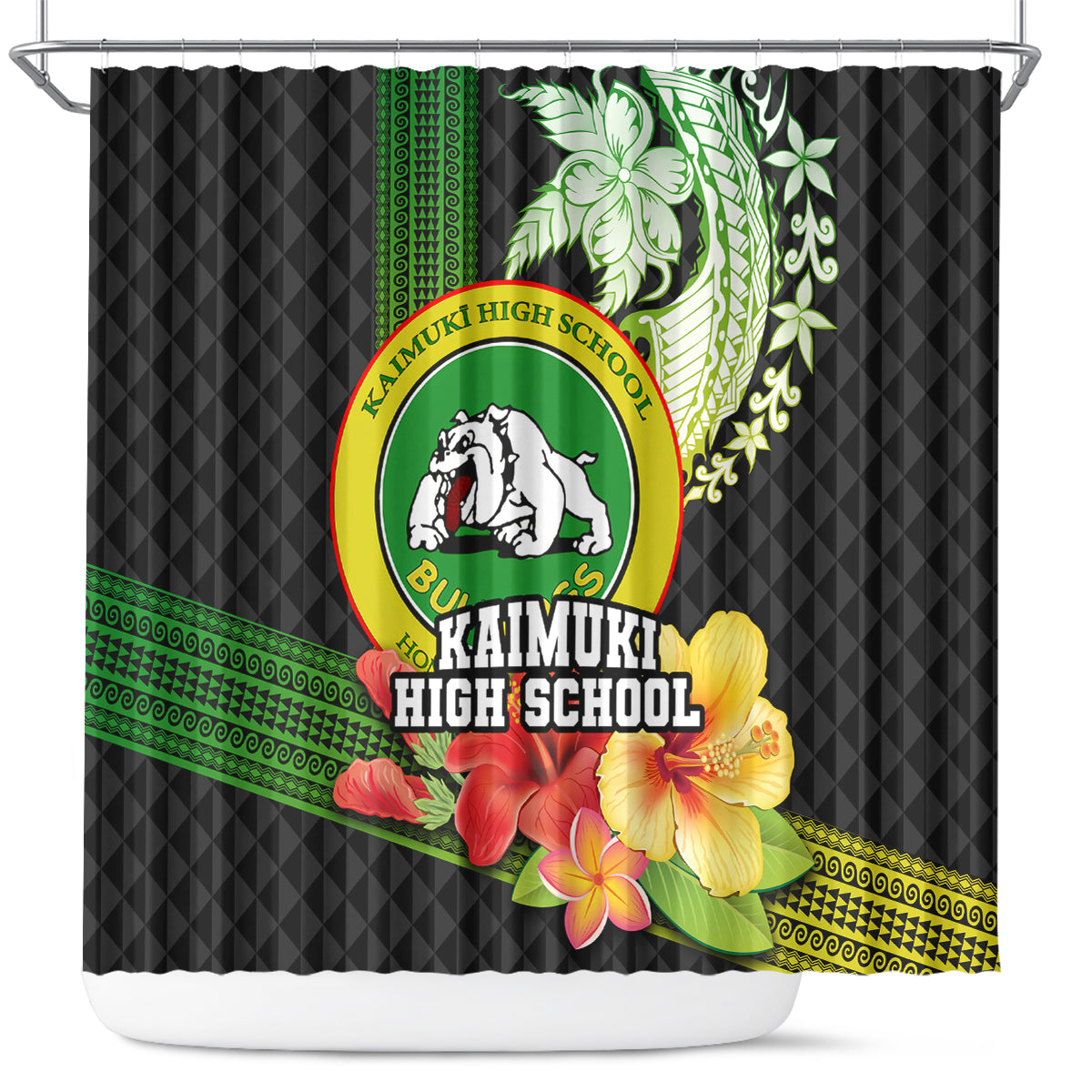 Hawaii Kaimuki High School Shower Curtain Tribal Kakau Pattern Mix Hibiscus Flower LT03 Black - Polynesian Pride