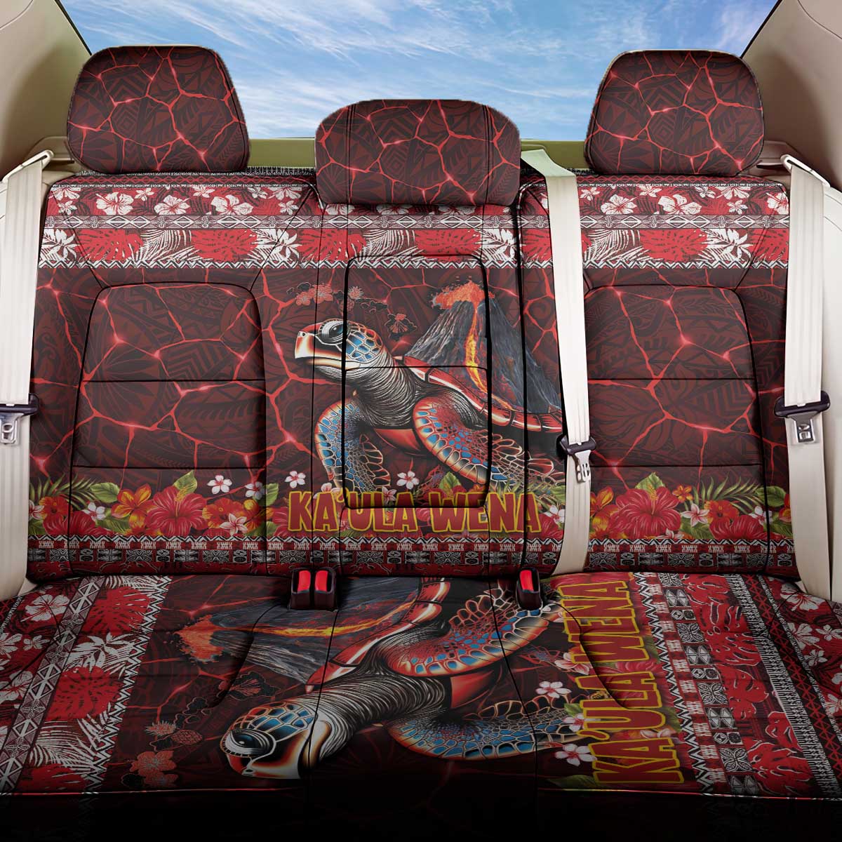 Hawaii KaUla Wena Volcano Turtle Back Car Seat Cover Lava and Tropical Plants Tribal Pattern LT03 One Size Red - Polynesian Pride